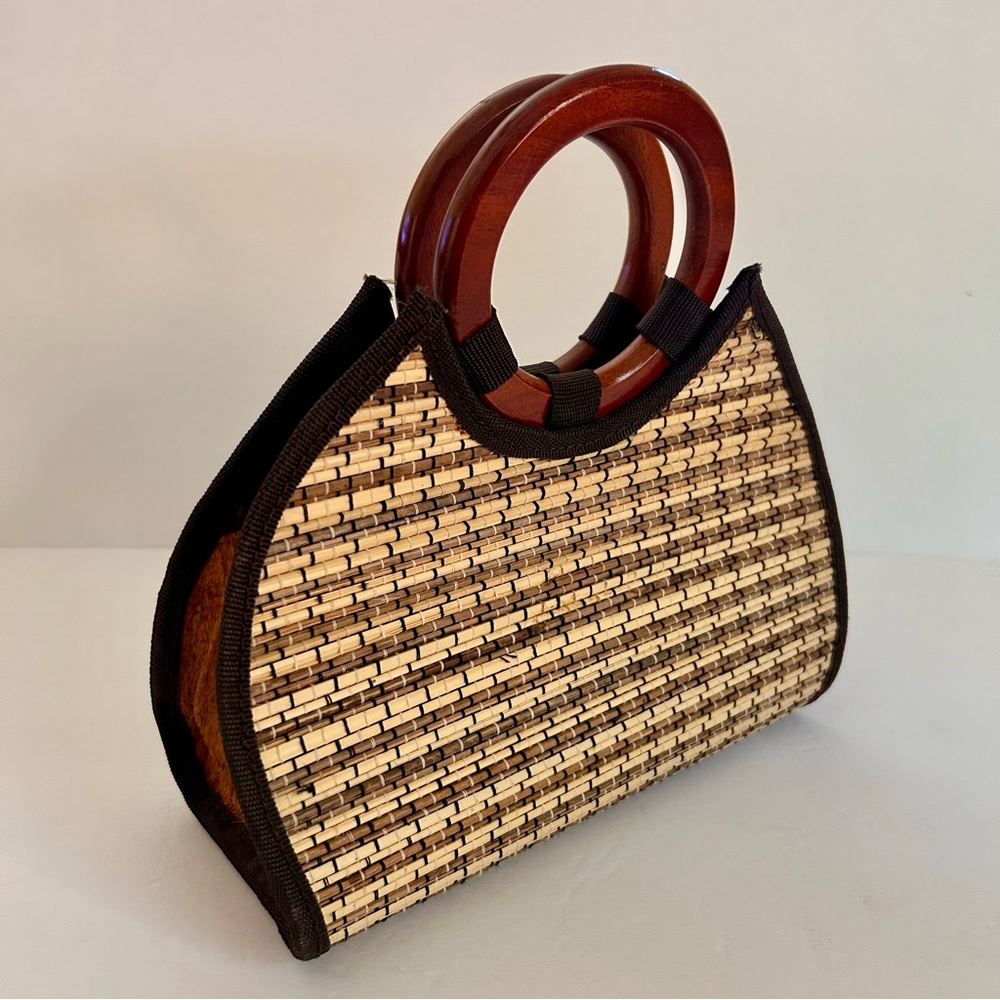 Vintage Wooden Bamboo Slatted Double Handle purse/Handbag - Picture 3 of 8